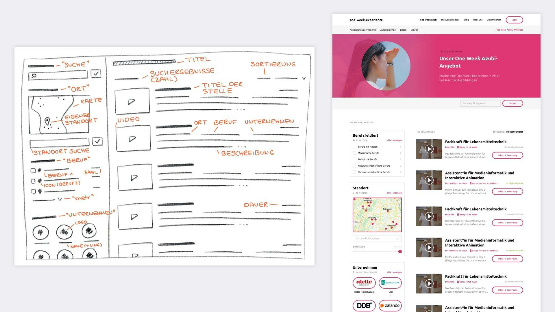 On the left a wireframe and on the right one of the drafts in Sketch of the apprenticeships