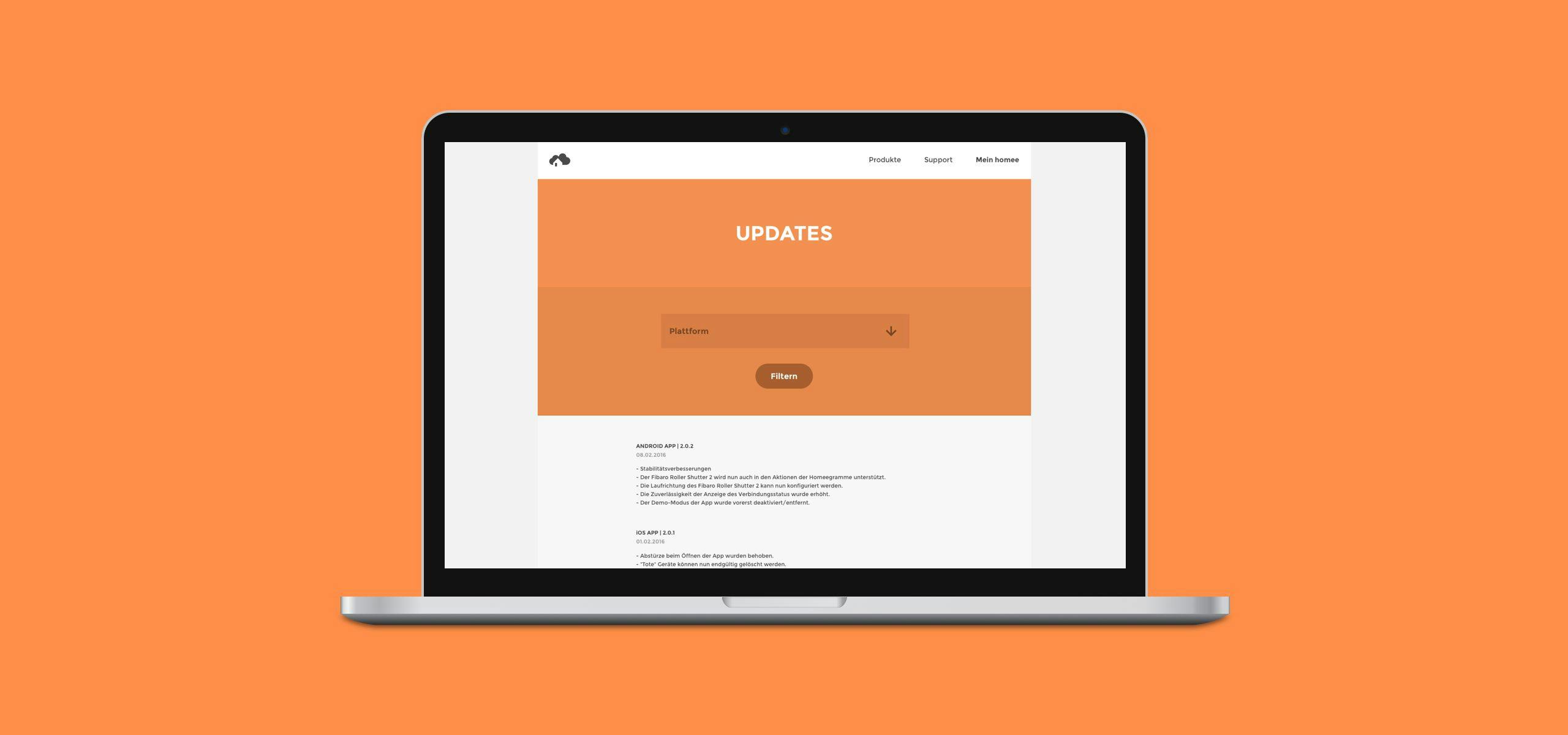Updates page on the homee website